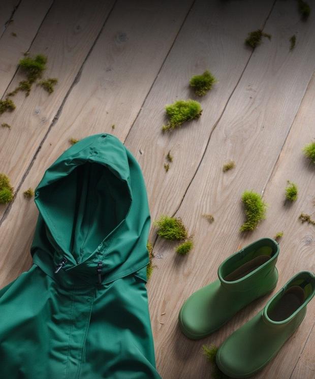 Mantellina verde e galosce su assi di legno con muschio
