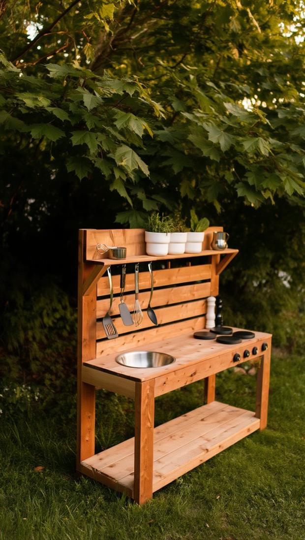 La Mud Kitchen di Panterarosa: cucina in legno con lavello, fornelli e utensili, sotto gli alberi