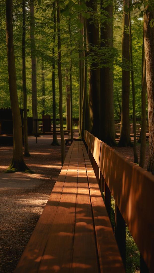 La lunga panca di legno tra gli alberi, illuminata dal sole del pomeriggio
