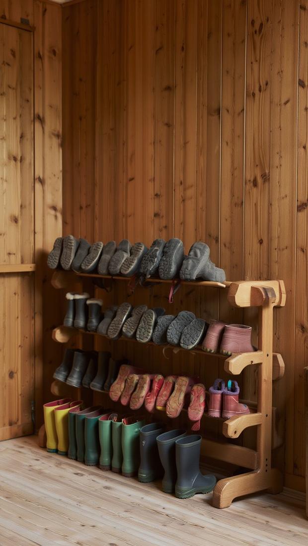 Rastrelliera in legno con file di stivali colorati dei bambini, contro la parete di legno